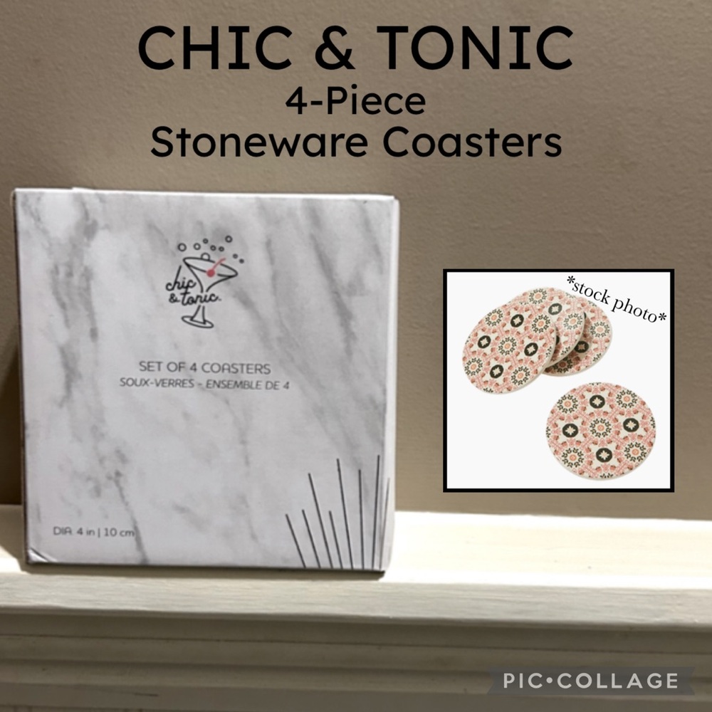 NWT 4-Piece CHIC & TONIC S/4 Moroccan Inspired, Round, Stoneware Coasters Set